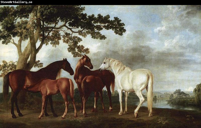 George Stubbs Stuten und Fohlen in einer Flublandschaft